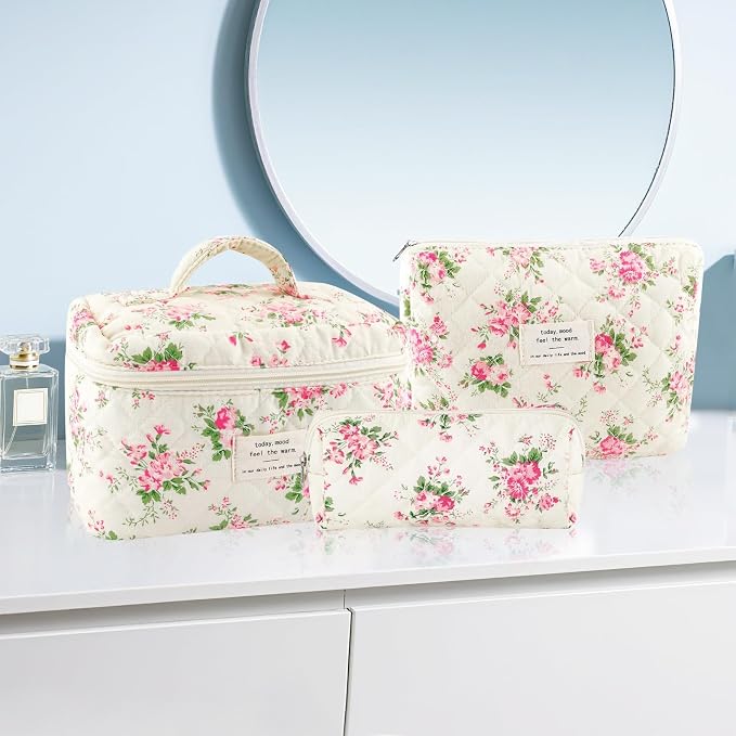 URSKYTOUS 3Pcs Cotton Quilted Makeup Bag for Women Girls Large Small Travel Pink Floral Cosmetic Bags Set Cute Coquette Makeup Pouch for Purse Aesthetic Cloth Flower Storage Toiletry Bag Organizer - Image 7