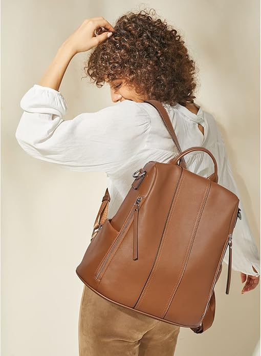 S-ZONE Leather Backpack Purses for Women Antitheft Rucksack Shoulder Bag Medium | Genuine Leather, Medium Fits 9.7-inch Tablet, for Work Travel Daily Commute, Multi Pockets, Adjustable Dual Straps - Image 2