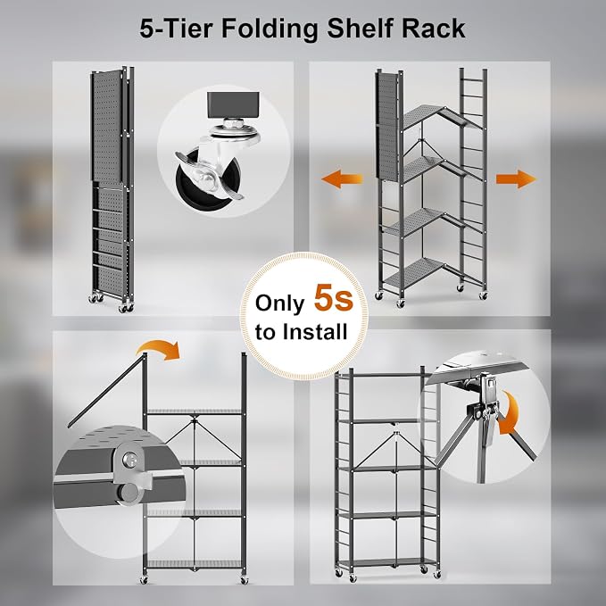Himix 5-Tier Foldable Storage Shelves with 20 Hooks Wheels Grey Display | Folding shelving units, Metal collapsible organization, Wire shelf, No assembly, Bookshelf, Kitchen, Home rack, Holds 440 Ibs - Image 5