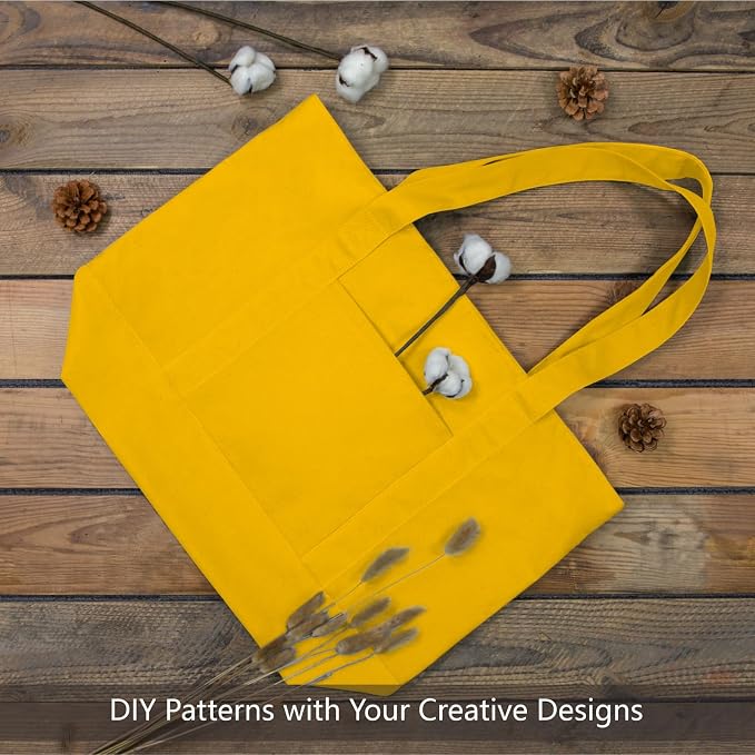 TOPDesign 6-Pack Canvas Tote Bags with an External Pocket, Reusable Grocery Shopping Bags, Top Zipper Closure, Daily Essentials (Yellow) - Image 4