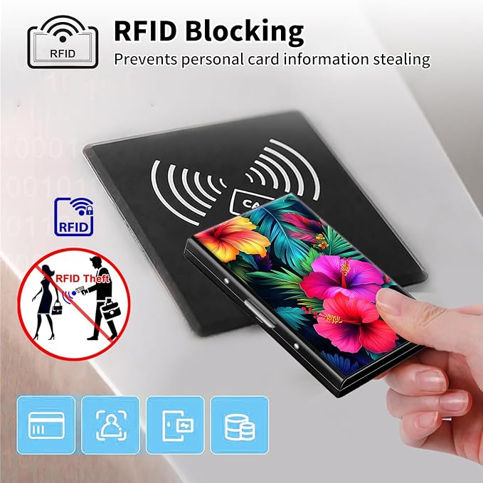 Metal Wallet,Credit Card Holder for Women Men,RFID Blocking Card Holder Mini Slim Aluminum Wallet ID Case Hard Case Business Card Holder Case,Tropical Flower - Image 3