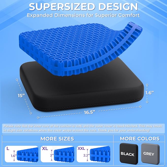 TushGuard Gel Seat Cushion for Long Sitting, Breathable Thick Patent Design | Enlarged Cooling Chair Pad for Office Chair, Wheelchair, Desk Chair, Supportive Car Cushion (Standard, Black+Blue) - Image 2