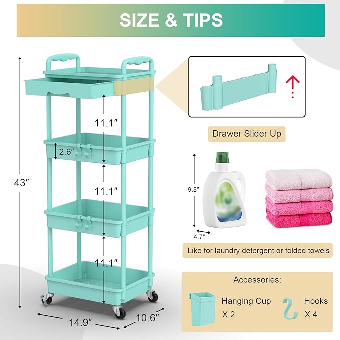Goovilla 4 Tier Rolling Utility Cart Organizer with Removable Drawer, Blue | Stable and Sturdy Rolling Storage Carts with 2 Lockable Wheels for Bathroom, Kitchen, Snack, Craft, Makeup, Baby Essentials - Image 4