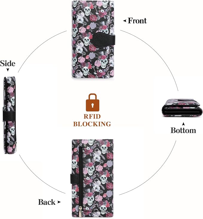 GOIACII Women's Wallet RFID Blocking Large Capacity Card Holder Ladies Phone Clutch Travel Long Purse Skull Goth - Image 5