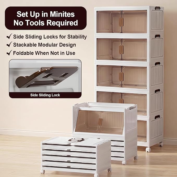 430QT Stackable Storage Bins With Lids, Collapsible Plastic Storage Bins with Wheels and Doors, Foldable Plastic Cabinets for Bedroom Dorm Garage - Image 6