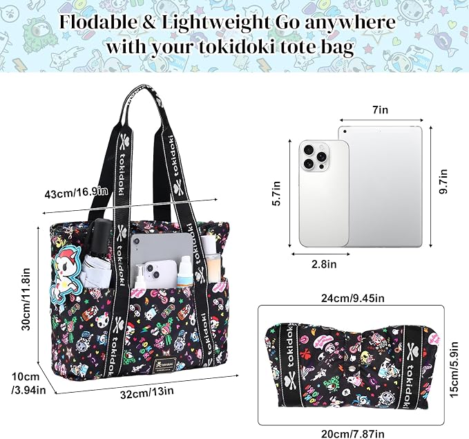 tokidoki Unicorno Foldable Tote Bag for Women, Canvas Tote Bags with Doll Portable Shoulder Handbag for school Work Travel - Image 6