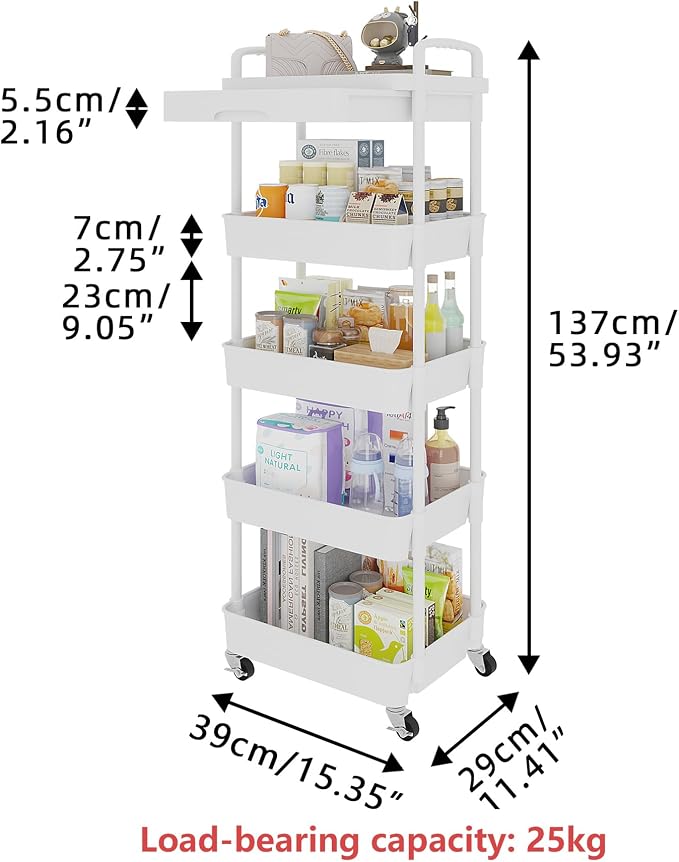 Calmootey 5-Tier Utility Cart with Drawer & Wheels, Storage for Home,Office | Space-Saving Organizer, Sturdy Plastic Shelves, Smooth-Rolling Metal Wheels, Built-in Drawer for Small Items, White - Image 5