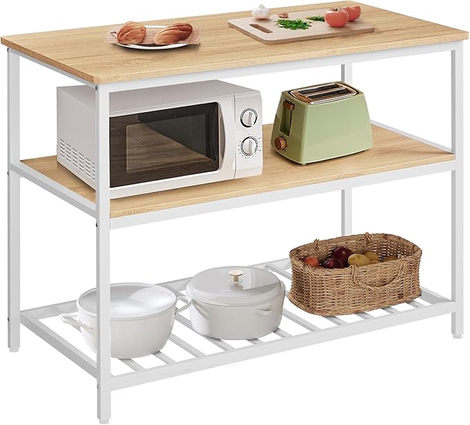 VASAGLE Kitchen Island with 3 Shelves, 47.2 Inches Width Kitchen Shelf with Large Worktop, Stable Steel Structure, Industrial, Easy to Assemble, Oak Color and White UKKI001W09 by Unknown
