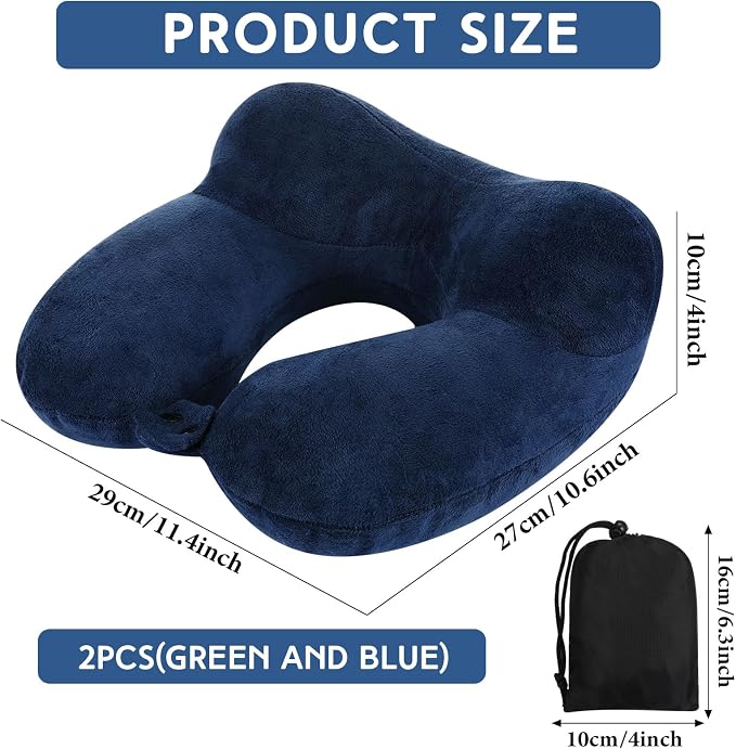 Sintuff 2 Pack Inflatable Travel Pillow for Airplanes Inflatable Neck Flight Pillows with Compact Bag and Blindfold for Traveling, Airplane, Train, Car, Office(Peacock Green and Blue) - Image 2