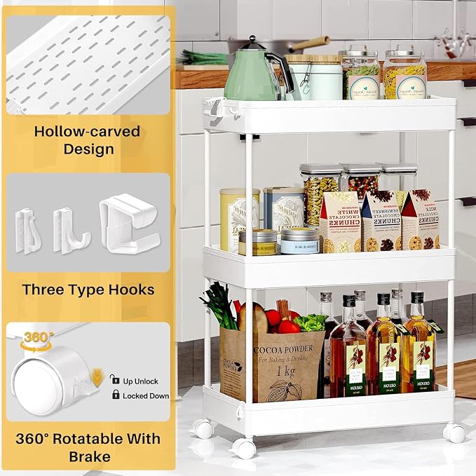 SPACEKEEPER 3 Tier Rolling Cart, Bathroom Cart Organizer with Wheels, White | Mobile Storage Cart for Laundry Room Organization,Kitchen,Office,Bathroom, Utility Cart for Snack,Craft,Art,Makeup,Nail,Toys - Image 2