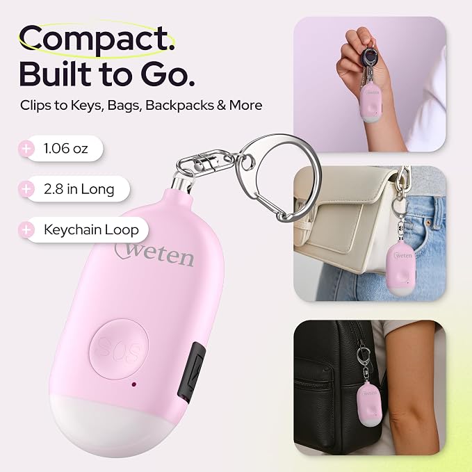 Weten Rechargeable Personal Alarm Keychain - 130dB Siren & LED Light - 2 Pack Personal Safety Alert for Women to Carry - Panic Button Alarm for Security - Rape Whistle for Self Defense (Pink&Blue) - Image 5