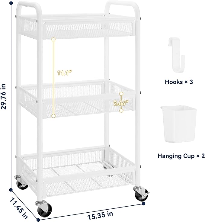3 Tier Metal Rolling Cart, White Utility Storage Cart with Wheels | Metal Mesh Craft Cart With Hooks & Hanging Cups, Ideal For Kitchen, Bathroom, Office, Dorm, Art Workspace, Bedside Storage - Image 6