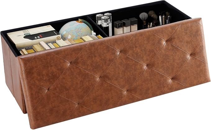 DUMOS 43 Inch Folding Storage Ottoman Bench, Large Ottoman with Storage | Storage Chest with Padded Seat, End of Bed Foot Rest Stool for Bedroom Living Room, Load 660 lbs, Synthetic Leather, Brown by DumosLifestyle