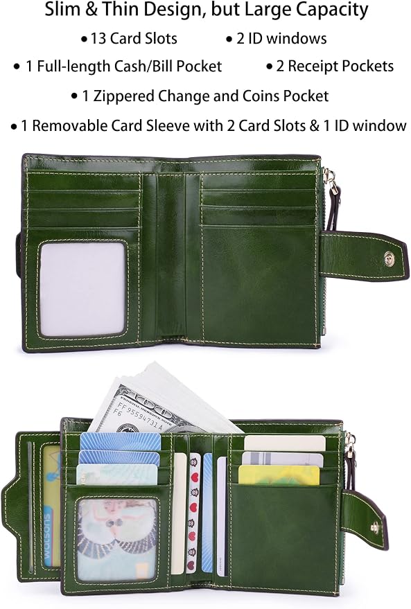 Women's RFID Blocking Leather Small Compact Bi-fold Zipper Pocket Wallet Card Case Purse with id Window - Image 2