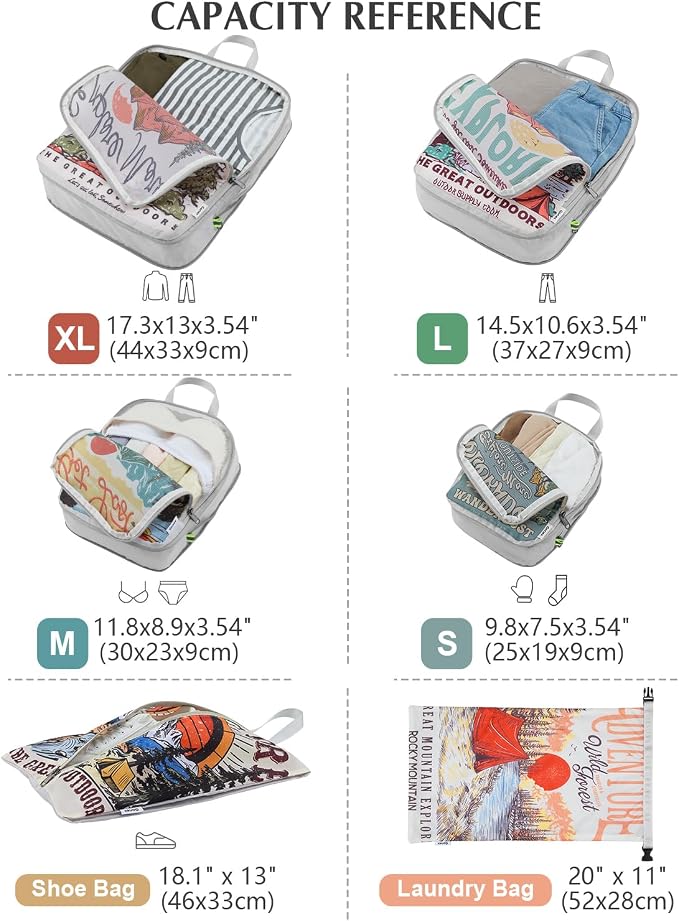 Gonex 6-Piece Compression Packing Cubes with Shoe & Laundry Bags | Unique Printed Design, Ripstop Fabric, Double-Zip Compression, Carry-On Friendly, Lightweight - Image 6