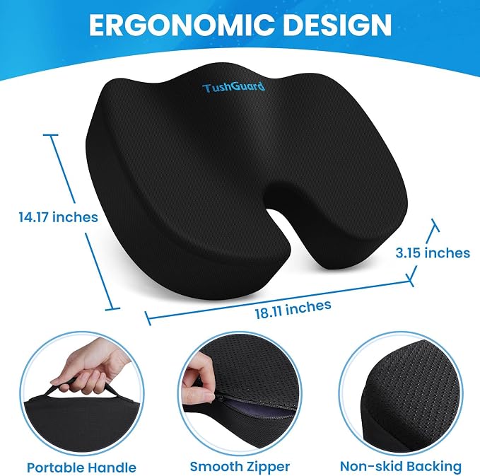 Seat Cushion for Office Chair, Memory Foam Chair Cushion, Black | Office Chair Cushion for Car, Airplane - Chair Pad, Butt Pillow for Long Sitting Sciatica, Hip, Coccyx,Tailbone Pain Relief - Image 2