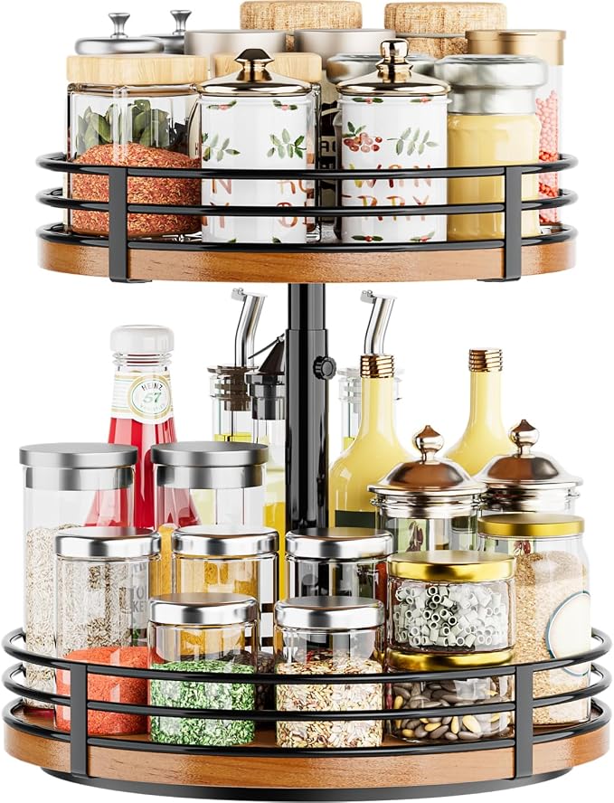 Lazy Susan Turntable Organizer Adjustable - 2 Tier Wood Rotating Spice Rack 12 Inch Lazy Susan for Kitchen Countertop Cabinet Pantry Cupboard Dining Table Bathroom Coffee Bar Home Storage by OVICAR