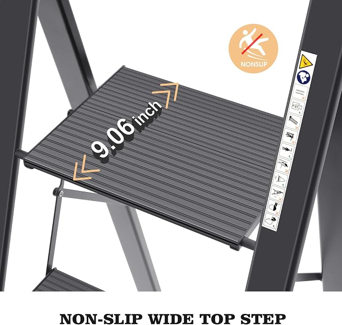 KINGRACK Aluminium 4 Step Ladder, Lightweight Step Stool with Non-Slip Pedals, Handrail, Foldable Step Ladder for Kitchen, Garage, Home, Space Saving, Sturdy and Portable, Black - Image 2
