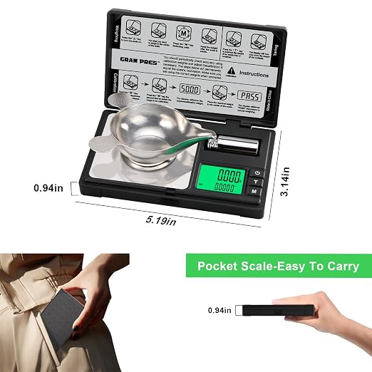 GRAM PRES High Precision Milligram Scale, Digital Mini Pocket Gram Scale | 50g/0.001g Mg Scale for Weighing Powders,Jewelry, Medicine, Gem, Reloading, with Cal Weight, Tweezer ，Tray and Scoop - Image 5