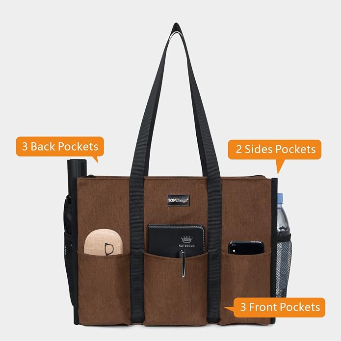 TOPDesign Utility Water Resistant Tote Bag with 13 Pockets, Top Zipper Closure & Thick Bottom Support, for Working Women - Image 3