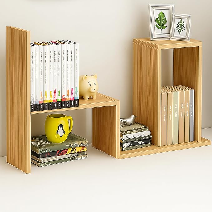Desktop Shelf Organizer, Adjustable Wood Office Storage Rack, Counter Display Small Bookshelf for Home/Office/School(Light Walnut) - Image 6