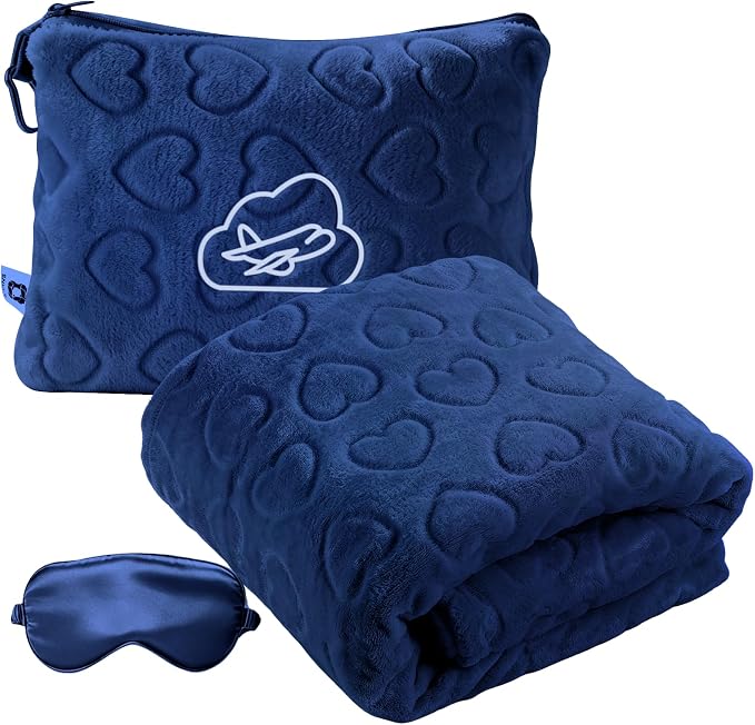 Travel Blanket, Airplane Blanket, Ultra-Soft, Warm & Lightweight, 65x40 in, Outdoor Blanket Essentials for Women, Men & Kids, Included Eye Mask, Luggage Sleeve & Backpack Clip Heart Navy Blue by ENZOLVE