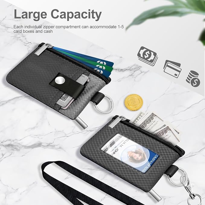Minimalist RFID Blocking Small Wallet with ID Window,WaterResistant Zip Id Case Wallet with Lanyard Keychain for Cards,Cash,Travel,Women,Men (DardGray/LightGray) - Image 7