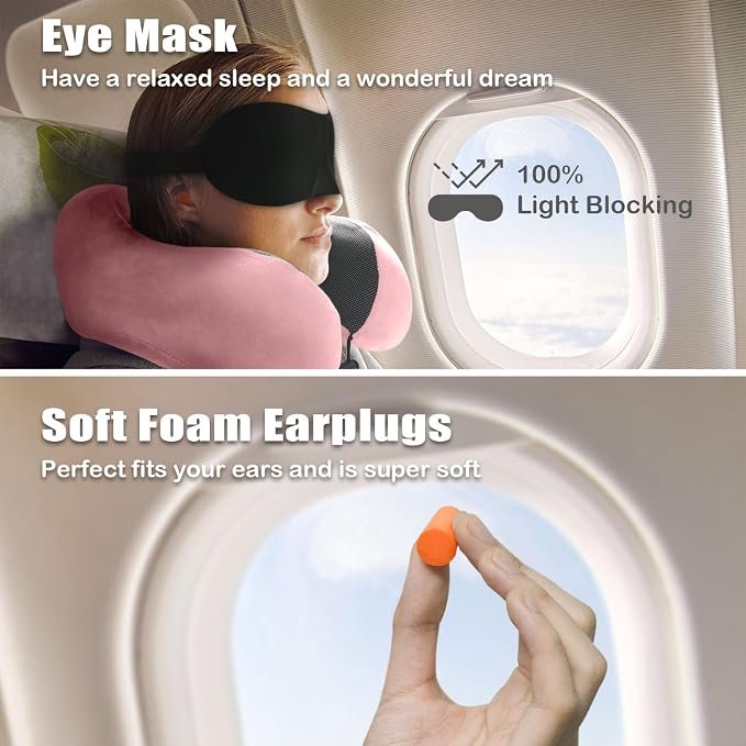Travel Pillow, Memory Foam Neck Pillow for Traveling, U Shape Neck Pillow Airplane Portable Flight Pillow Travel Kit with 4D Contoured Eye Masks and Earplug for Plane Train Car Home Office - Pink - Image 2