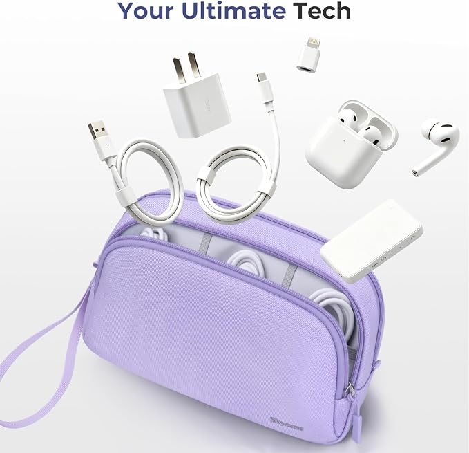 Skycase Travel Cable Organizer - Lightweight Water Resistant Dual-Layer Tech Pouch with Wrist Strap 9 Compartments Electronic Organizer Travel Case for Charger Cord Hard Drive,Small,Purple - Image 5