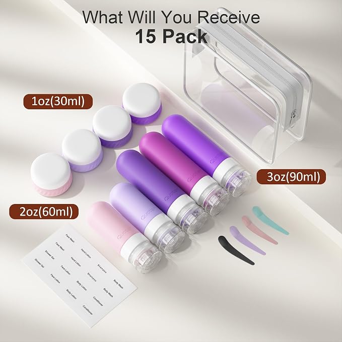 Quatish 15 Pack Travel Bottles for Toiletries, Original Patented, TSA Approved Travel Size Containers, Leak Proof Silicone Shampoo and Conditioner Bottles Women & Men, Airplane Essentials, Purple - Image 2