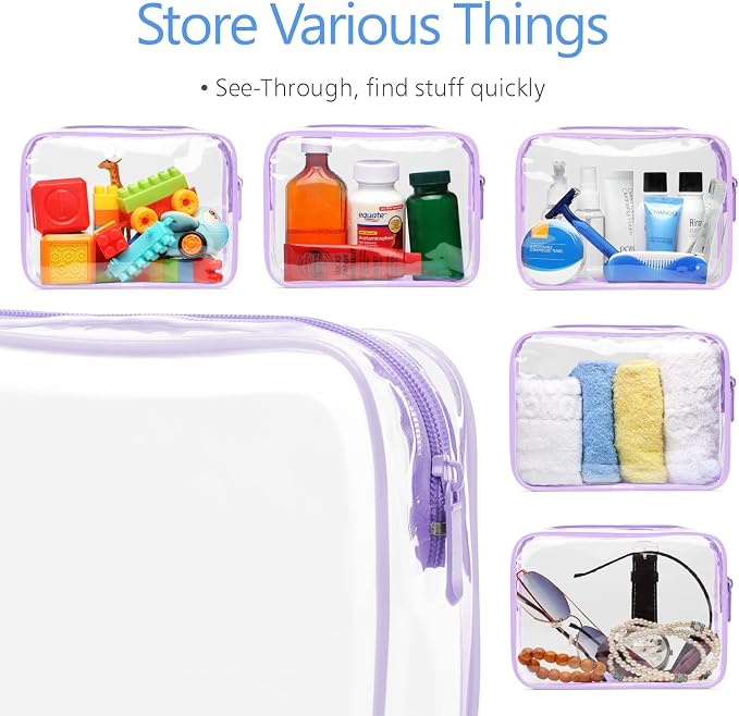 Clear Makeup Bag Travel - TSA Approved Toiletry Bag, 2 Light Purple | 1 Medium Quart Carry-On & 1 Large Checked-Luggage, Reinforced Seams, Water-resistant, Clear Easy-Check for Airport, Women - Image 5