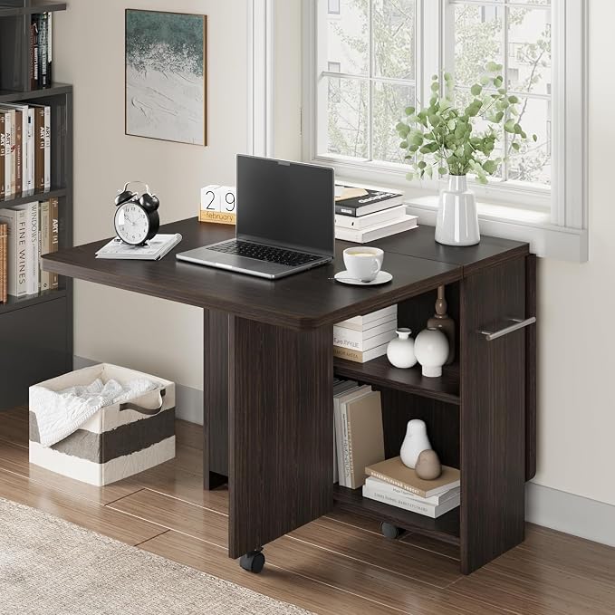 IDEALHOUSE FoldingTable, Drop Leaf Dining Table with 6 Wheels and 2-Layer Storage Shelf, Space Saving Table for Small Spaces (Dark Walnut, 47.2" D x 23.6" W x 29.5" H) - Image 3