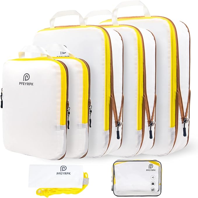 PFEYRPK Lightweight Compression Packing Cubes for Suitcases, Compressible Expandable Travel Packing Organizer with Clear Toiletries and Backpack Bag, Travel Essentials for Carry on Luggage 7 Set by PFEYRPK