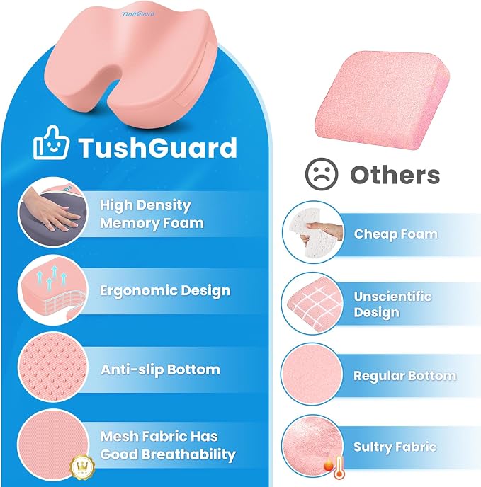 Memory Foam Seat Cushion for Office Chair, Car Seat, Pink, XL | Office Chair Cushion for Car, Airplane - Chair Pad for Long Sitting Sciatica, Hip, Coccyx,Tailbone Pain Relief, Butt Pillow - Image 6