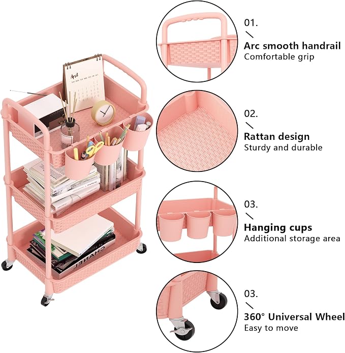 MOYIPIN 3-Tier Plastic Rolling Utility Cart with Handle,Pink | Utility Storage Cart for Office, Living Room, Kitchen,Movable Storage Organizer，Easy installation，Rattan-like art design - Image 6
