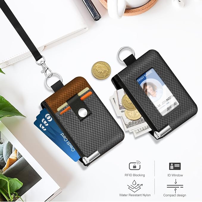 Minimalist RFID Blocking Small Wallet with ID Window,WaterResistant Zip Id Case Wallet with Lanyard Keychain for Cards,Cash,Travel,Women,Men（Drak Grey/Brown） - Image 7