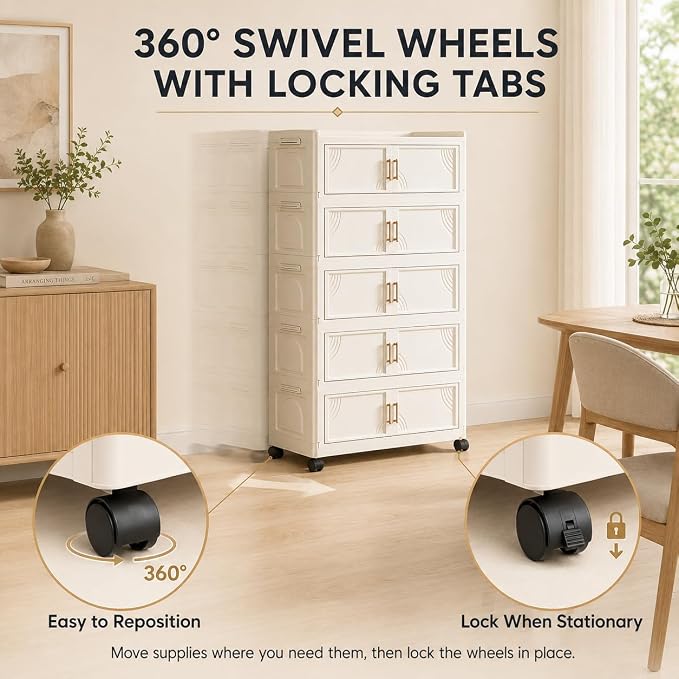 6-Tier Foldable Storage Cabinet with Doors and Locking Wheels | Tall white PP cabinet, 30 lb per tier; magnetic double doors, raised top tray, snap-fit tiers, and 360° locking wheels - Image 5