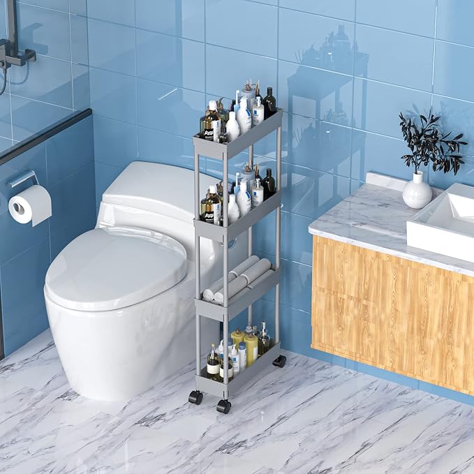 Sooyee 4 Tier Slim Storage Cart,Rolling Storage Cart,Narrow Shelf,Bathroom Rack,Mobile Shelving Unit Organizer for Kitchen, Bathroom, Laundry Room, Grey - Image 3
