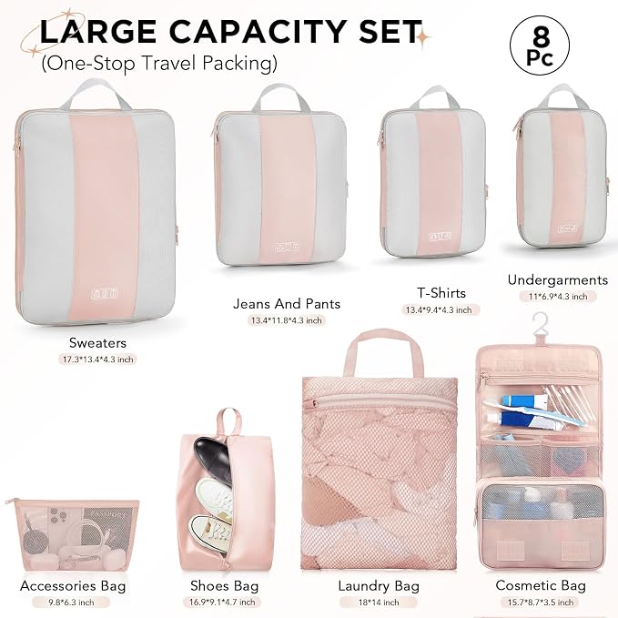 OlarHike 8 Set Compression Packing Cubes for Travel Gifts Mom Women,Airplane/Cruise/Car Travel Essentials,Compressible Expandable Space Saver Bags,Garment Bags with Over 1000 pcs Mesh Holes(Beige) - Image 2