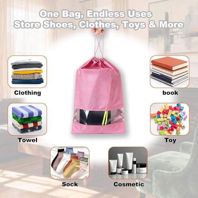 20 Pack Shoe Bags for Travel, 17" x 12.6" Drawstring Shoe Organizers with Clear Window, Breathable Non-Woven Dustproof Pouches for Luggage & Closet (Pink) - Image 6