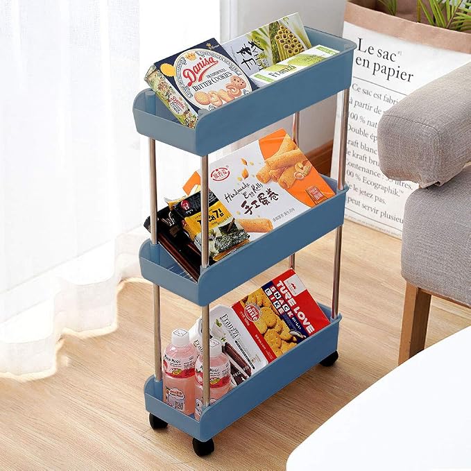 Melody House 3-Tier Slim Mobile Shelving Unit on Wheels, Slide Out Rolling Bathroom Storage Organizer, Utility Carts Shelf Rack for Kitchen Bathroom Laundry Room Narrow Places, Navy Blue - Image 7