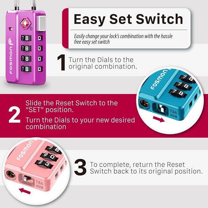 Fosmon TSA Approved Cable Luggage Locks, 4 Digit Combination, 4 Pack | Easy Reset Switch, Long Wire Padlock, Mini Cable Locks, Suitcase Backpack Travel, Gym Locker Gun Case Lock - Image 5