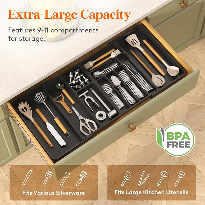 Lifewit Utensil Organizer for Kitchen Drawer, Expandable Cooking Tray | Adjustable Cutlery Flatware Holder, Plastic Silverware Spatula Tools Storage Divider, 21.3- 36 x 16.9", Black - Image 4
