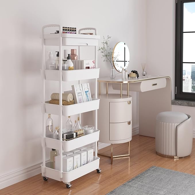 Calmootey 5-Tier Utility Cart with Drawer & Wheels, Storage for Home,Office | Space-Saving Organizer, Sturdy Plastic Shelves, Smooth-Rolling Metal Wheels, Built-in Drawer for Small Items, White - Image 2