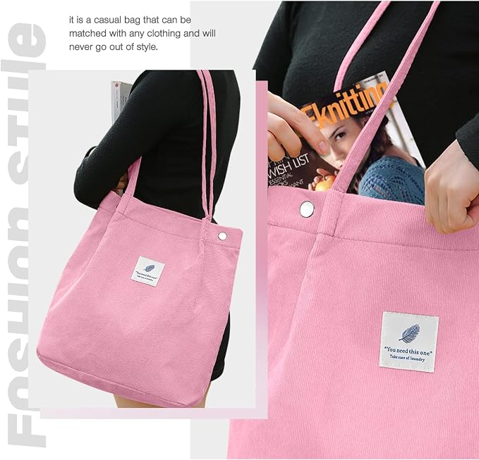 LHMTQVK Corduroy Tote Bags for Women, Large Capacity Tote Purse Reusable Grocery Shoulder Bag with Inner Pockets - Image 7