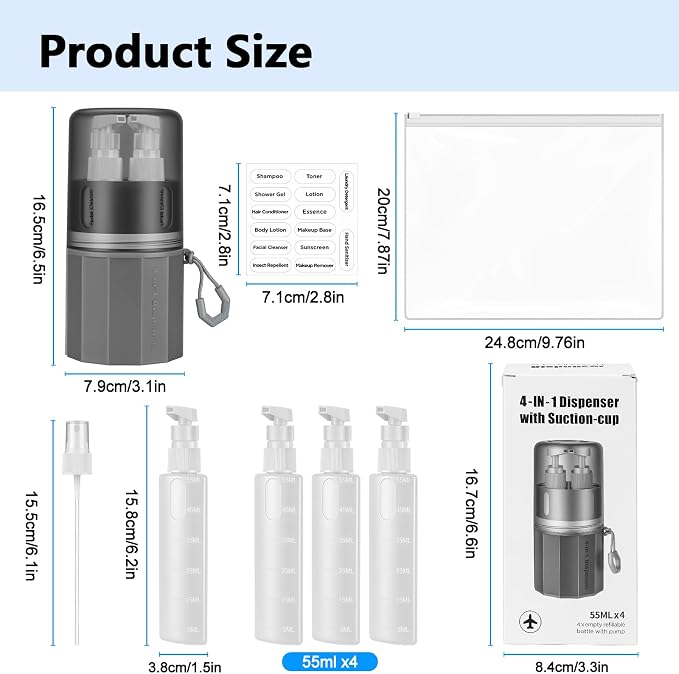 4 in 1 Travel Dispenser Bottles, TSA Approved Leak Proof Refillable Toiletry Containers with Vacuum Suction Cup for Smooth Walls, Portable Empty Bottle Set for Shampoo Conditioner Body Wash - Image 8