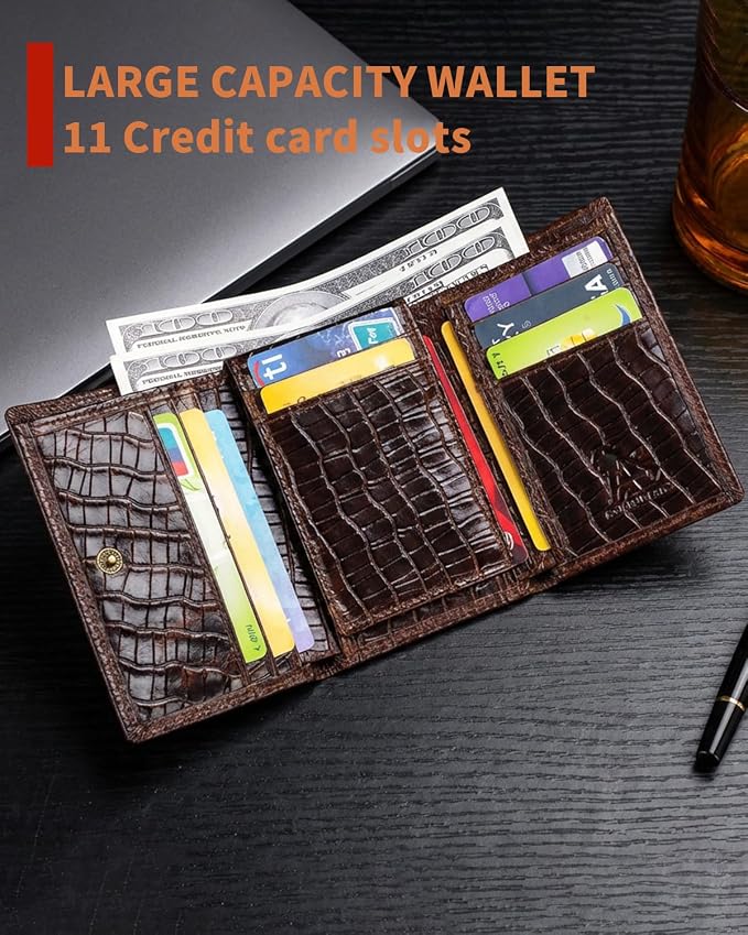 STEELLION Men's Trifold Wallet, Cowhide, 13 Card Slots, ID Window, RFID | Croc-embossed cowhide with a removable chain; practical organization for office, travel, and everyday carry (Coffee) - Image 4