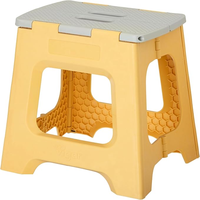 Vigar Compact Folding Step Stool, 12-1/2 in, Yellow | 12-1/2 in Foldable Stool, Lightweight Portable Design, Handle, Non Slip Surface, Space-Saving, Supports up to 330 lb by VIGAR