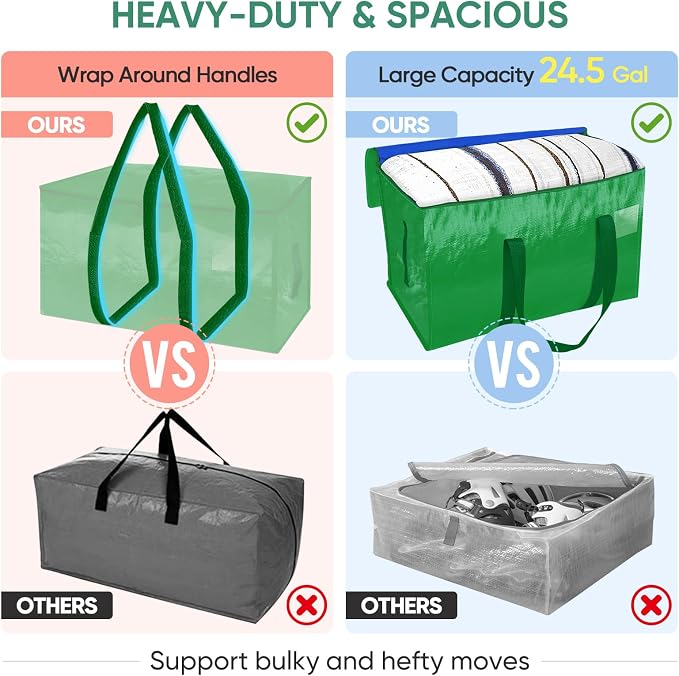 BALEINE 6-Pack Oversized Moving Bags with Reinforced Handles, Heavy-Duty Storage Tote for Clothes, Moving Supplies (Light Green, 6-Pack) - Image 3