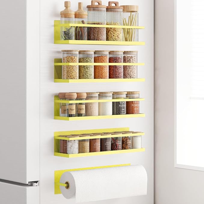 Magnetic Spice Rack For Refrigerator Magnetic Fridge Shelf For Kitchen Spice Organizer Magnetic Shelf For Fridge Space Saving Yellow 4 Pack With Magnetic Paper Towel Holder by Roysili